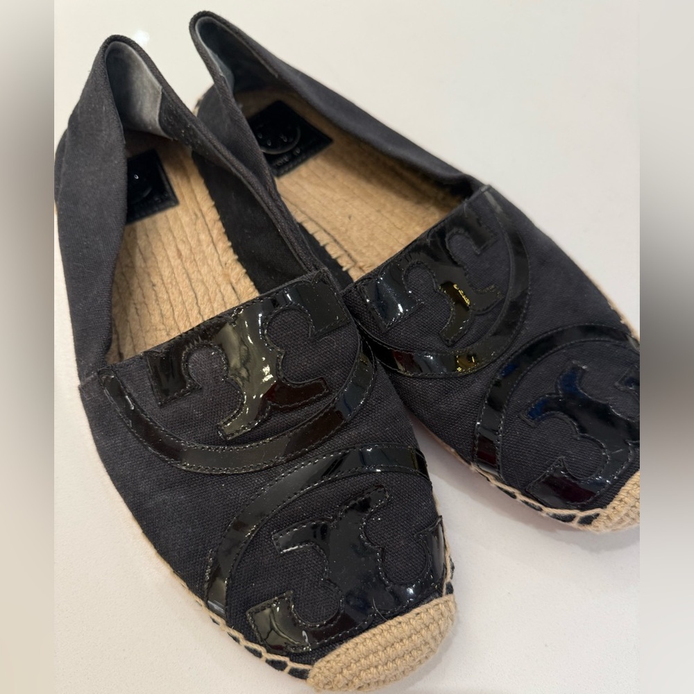 Tory Burch Poppy‎ Espadrille Flats Black Canvas Patent Leather Logo 10M
